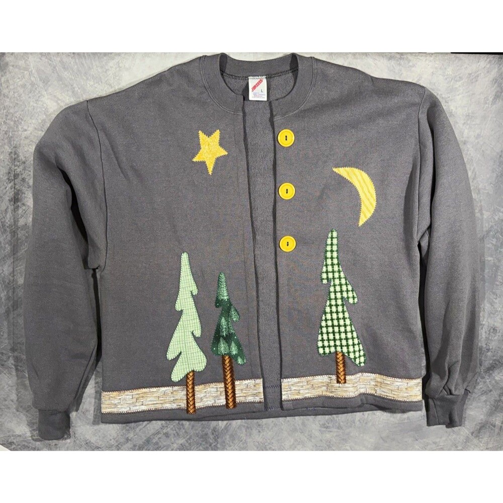 Vintage Jerzees L Gray Applique Trees Moon Star Button Sweatshirt Cardigan USA